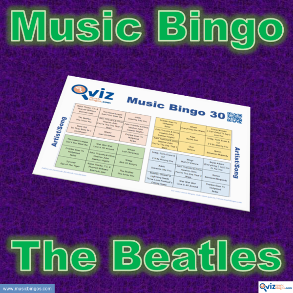 Music bingo with 30 songs by The Beatles. Get to know the artist better. PDF file with 100 bingo boards and link to Spotify playlist.