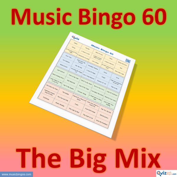 Music bingo with 60 songs where there is a good mix of genres and periods. PDF file with 100 bingo boards and link to Spotify playlist.