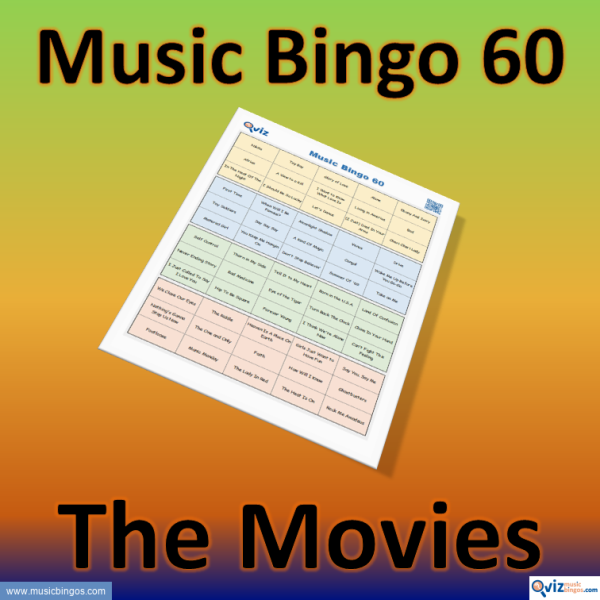 Music bingo themed with music from movies. 60 songs from famous films. PDF file with 100 bingo boards and link to Spotify playlist.