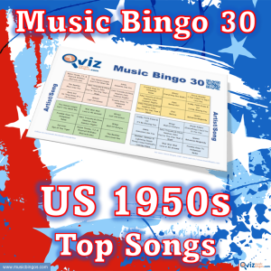 Music bingo with 30 songs from the 1950s that have been at the top of the Billboard list in the USA. PDF file with 100 bingo boards and link to Spotify playlist.