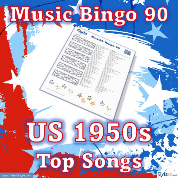 Music bingo with 90 songs from the 1950s that have been at the top of the Billboard list in the USA. PDF file with 100 bingo boards and link to Spotify playlist.