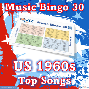 Music bingo with 30 songs from the 1960s that have been at the top of the Billboard list in the USA. PDF file with 100 bingo boards and link to Spotify playlist.