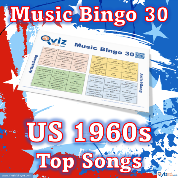 Music bingo with 30 songs from the 1960s that have been at the top of the Billboard list in the USA. PDF file with 100 bingo boards and link to Spotify playlist.