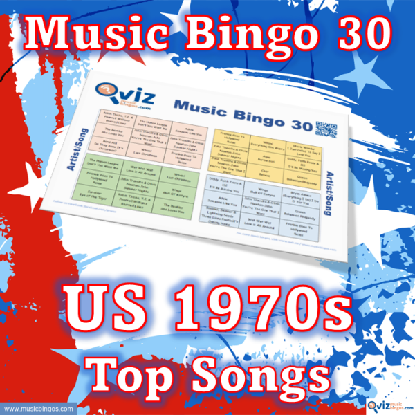 Music bingo with 30 songs from the 1970s that have been at the top of the Billboard list in the USA. PDF file with 100 bingo boards and link to Spotify playlist.