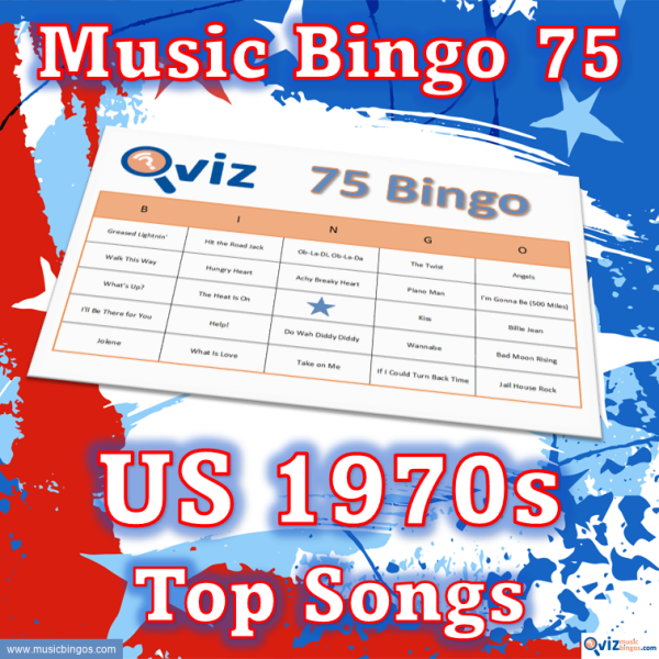 Music bingo with 75 songs from the 1970s that have been at the top of the Billboard list in the USA. PDF file with 100 bingo boards and link to Spotify playlist.
