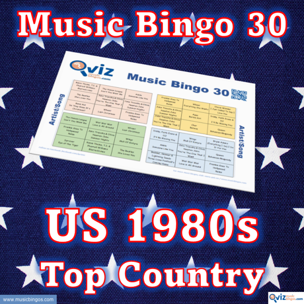 Music bingo with 30 country songs from the 1980s that have been high on the Billboard list in the USA. PDF file with 100 bingo boards and link to Spotify playlist.