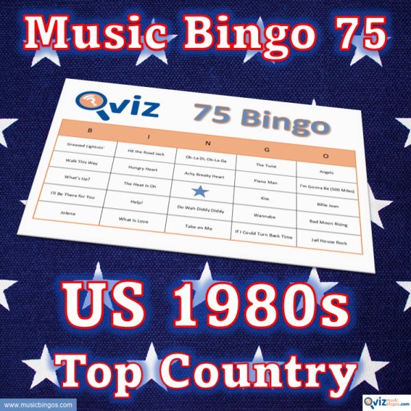 Music bingo with 75 country songs from the 1980s that have been high on the Billboard list in the USA. PDF file with 100 bingo boards and link to Spotify playlist.