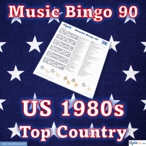 Music bingo with 90 country songs from the 1980s that have been high on the Billboard list in the USA. PDF file with 100 bingo boards and link to Spotify playlist.