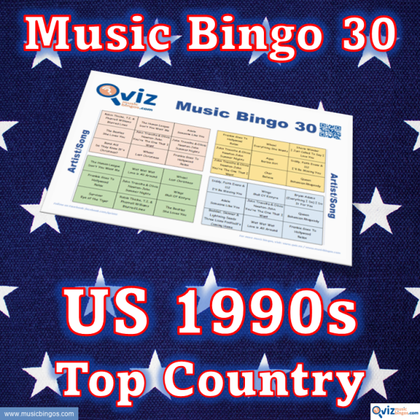 Music bingo with 30 country songs from the 1990s that have been high on the Billboard list in the USA. PDF file with 100 bingo boards and link to Spotify playlist.