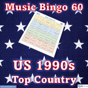 Music bingo with 60 country songs from the 1990s that have been high on the Billboard list in the USA. PDF file with 100 bingo boards and link to Spotify playlist.