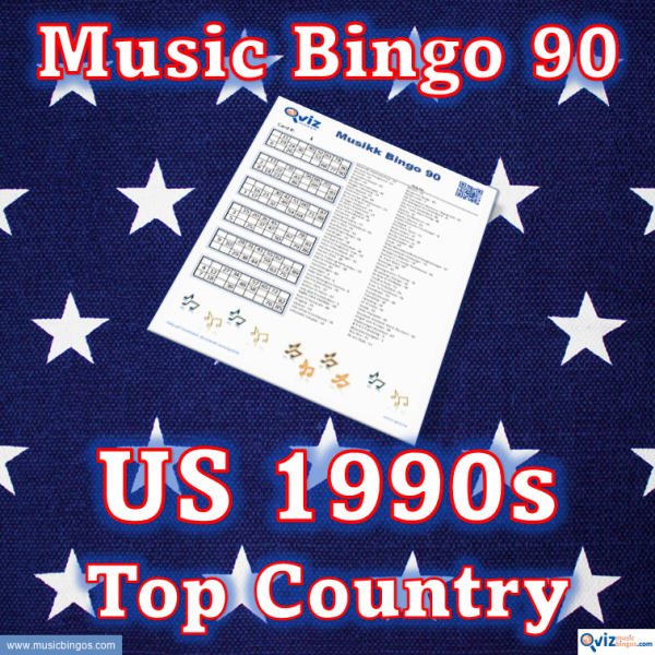 Music bingo with 90 country songs from the 1990s that have been high on the Billboard list in the USA. PDF file with 100 bingo boards and link to Spotify playlist.