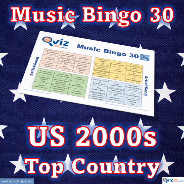 Music bingo with 30 country songs from the 2000s that have been high on the Billboard list in the USA. PDF file with 100 bingo boards and link to Spotify playlist.