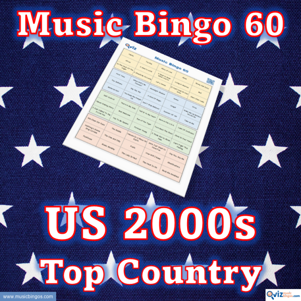Music bingo with 60 country songs from the 2000s that have been high on the Billboard list in the USA. PDF file with 100 bingo boards and link to Spotify playlist.