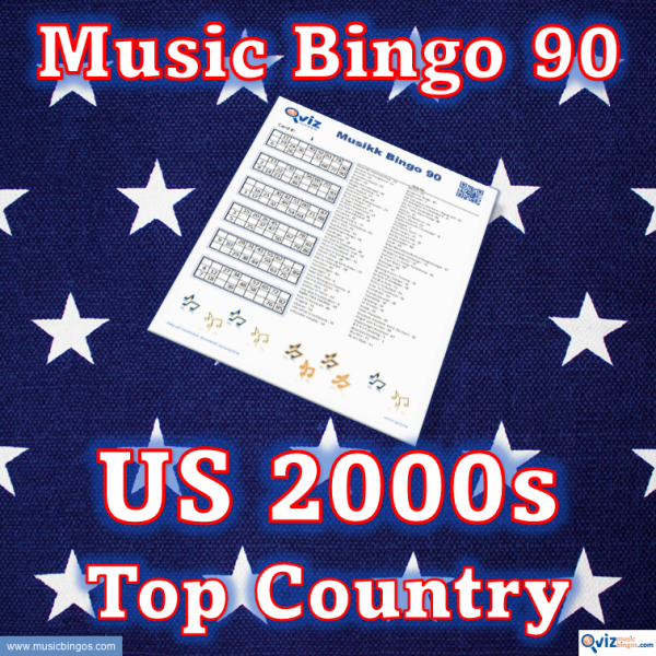 Music bingo with 90 country songs from the 2000s that have been high on the Billboard list in the USA. PDF file with 100 bingo boards and link to Spotify playlist.