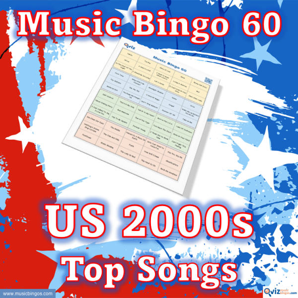 Music bingo with 60 songs from the 2000s that have been at the top of the Billboard list in the USA. PDF file with 100 bingo boards and link to Spotify playlist.
