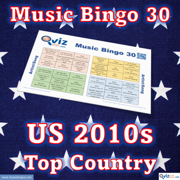 Music bingo with 30 country songs from the 2010s that have been high on the Billboard list in the USA. PDF file with 100 bingo boards and link to Spotify playlist.