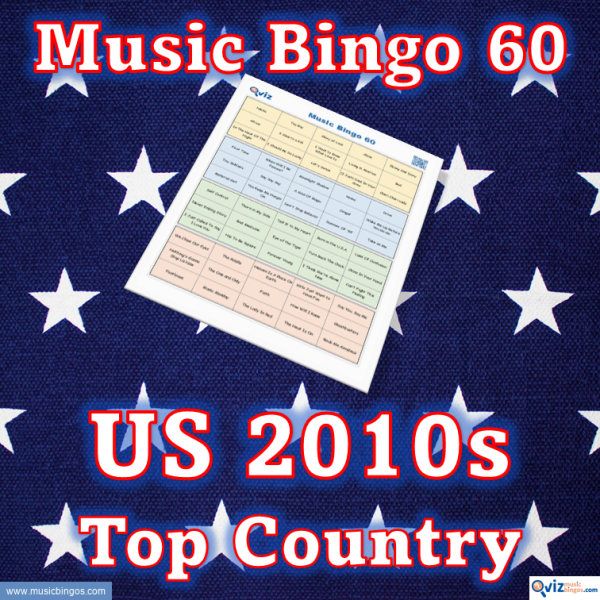 Music bingo with 60 country songs from the 2010s that have been high on the Billboard list in the USA. PDF file with 100 bingo boards and link to Spotify playlist.