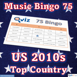 Music bingo with 75 country songs from the 2010s that have been high on the Billboard list in the USA. PDF file with 100 bingo boards and link to Spotify playlist.