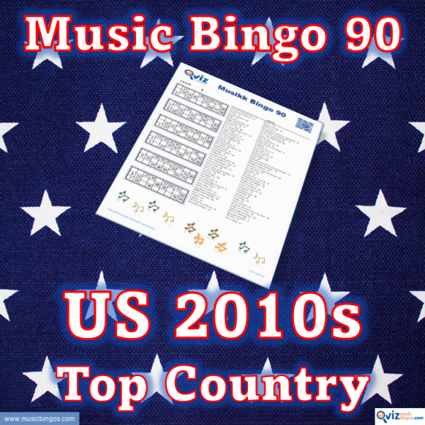 Music bingo with 90 country songs from the 2010s that have been high on the Billboard list in the USA. PDF file with 100 bingo boards and link to Spotify playlist.