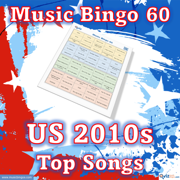 Music bingo with 60 songs from the 2010s that have been at the top of the Billboard list in the USA. PDF file with 100 bingo boards and link to Spotify playlist.