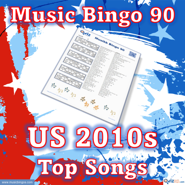 Music bingo with 90 songs from the 2010s that have been at the top of the Billboard list in the USA. PDF file with 100 bingo boards and link to Spotify playlist.
