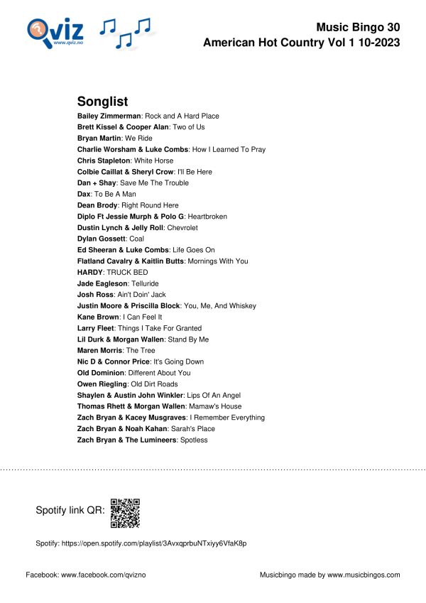 American Hot Country October 2023 - Music Bingo 75 - Image 5