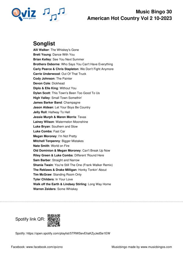 American Hot Country October 2023 - Music Bingo 75 - Image 7