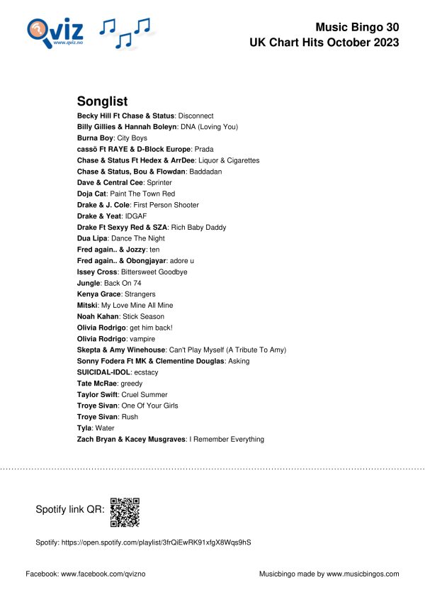 UK Chart Hits October 2023 Music Bingo Pack - Image 7