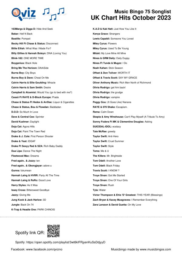 UK Chart Hits October 2023 Music Bingo Pack - Image 11
