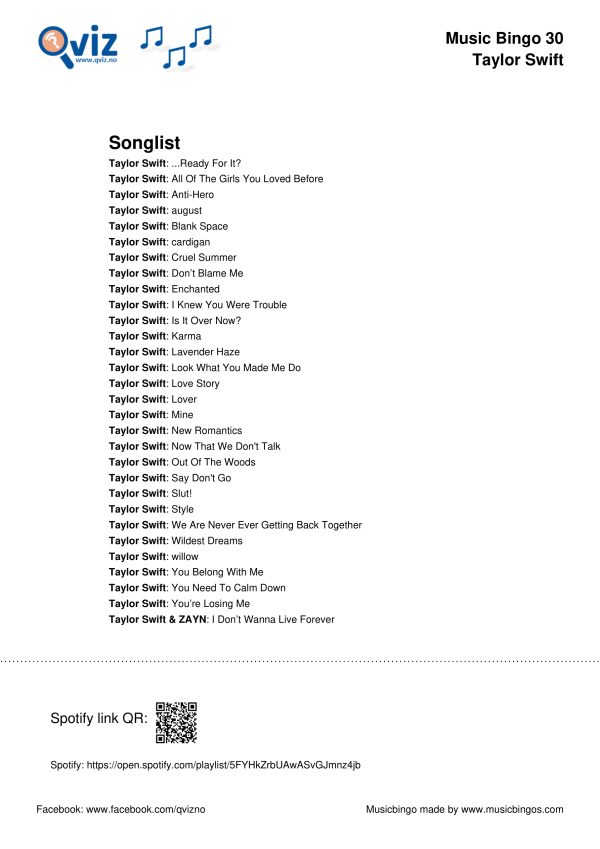 Taylor Swift - Music Bingo 30 - Image 3