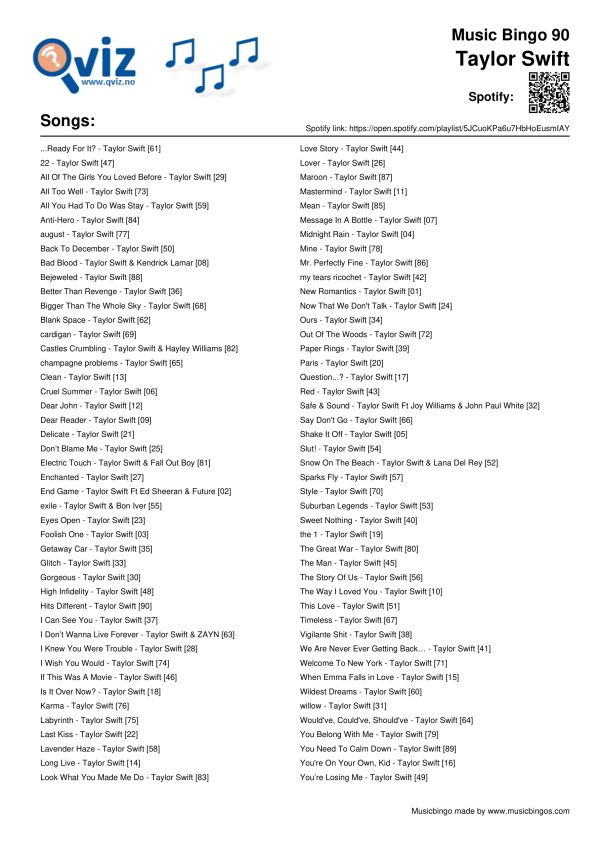 Taylor Swift - Music Bingo 30 - Image 11
