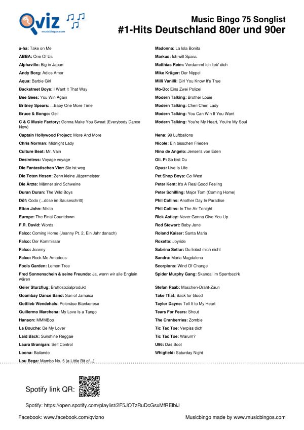 Nummer-1-Hits Deutschland der 80er und 90er - Musik Bingo - Image 17