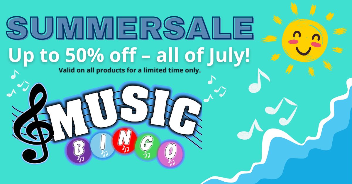Summer Sale banner for music bingo – up to 50% off