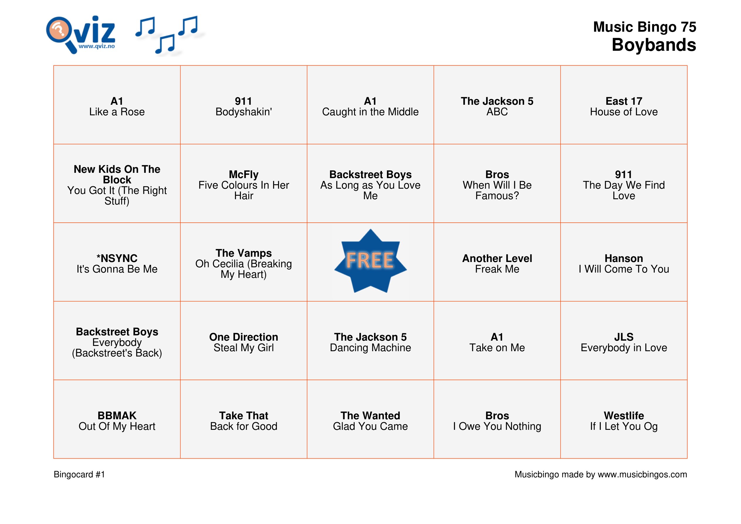 example of a music bingo 75 bingo card