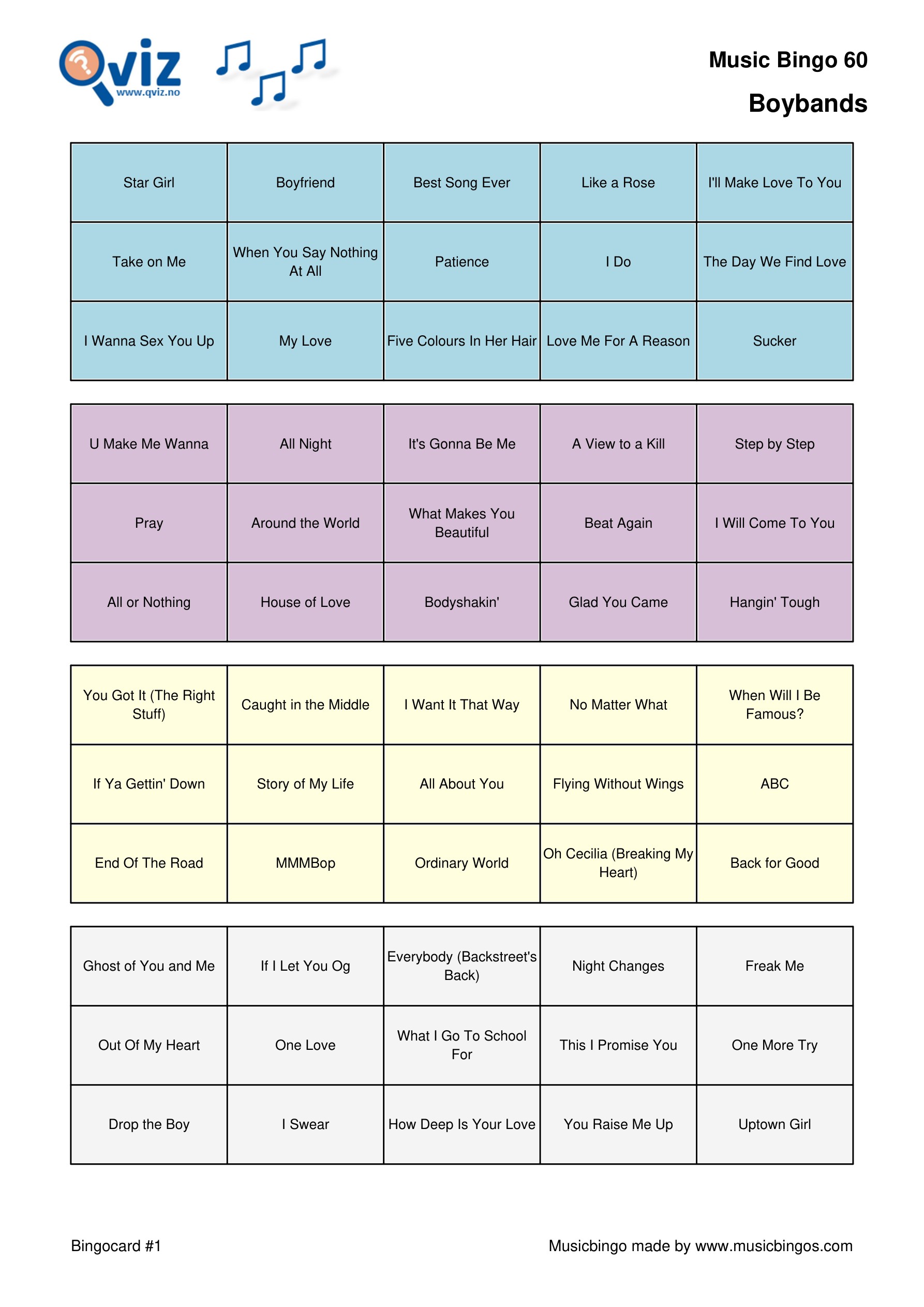 bingo card music bingo 60