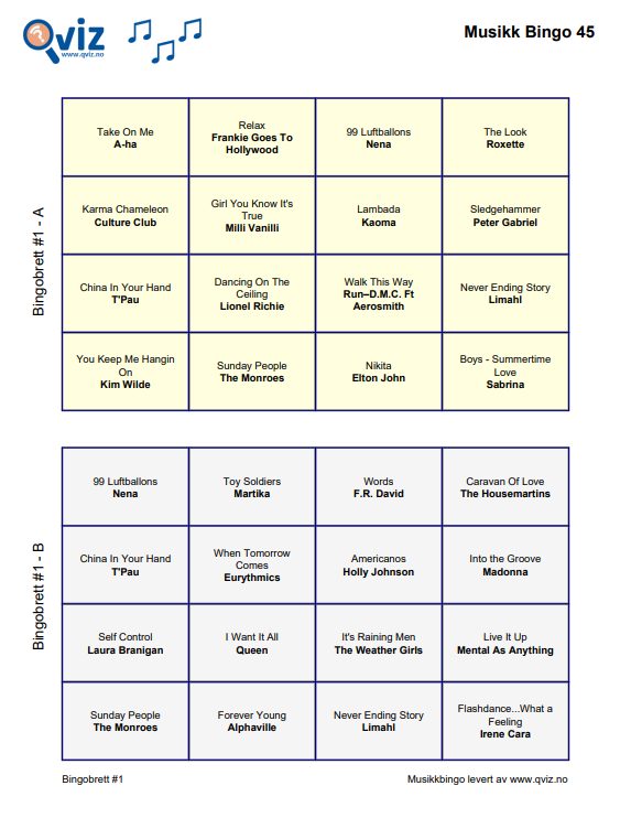 example of a music bingo 45 bingo card